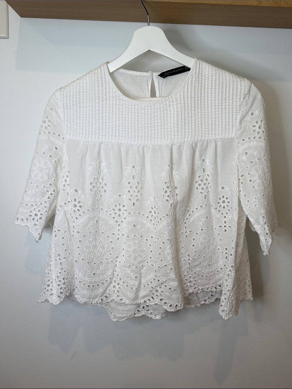 Zara White Eyelet Embroidered Peasant Top